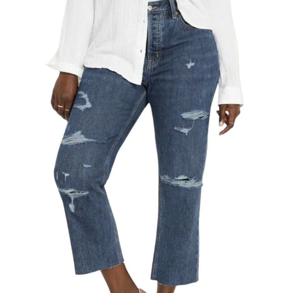 Old Navy High Rise Slouchy Straight Button Fly Ankle Jeans Distressed Size 4